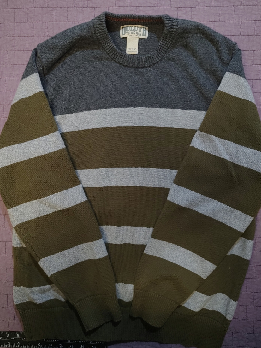 Duluth Trading Co Mens Large Striped Crewneck Knit Sweater Olive Grey Cotton
